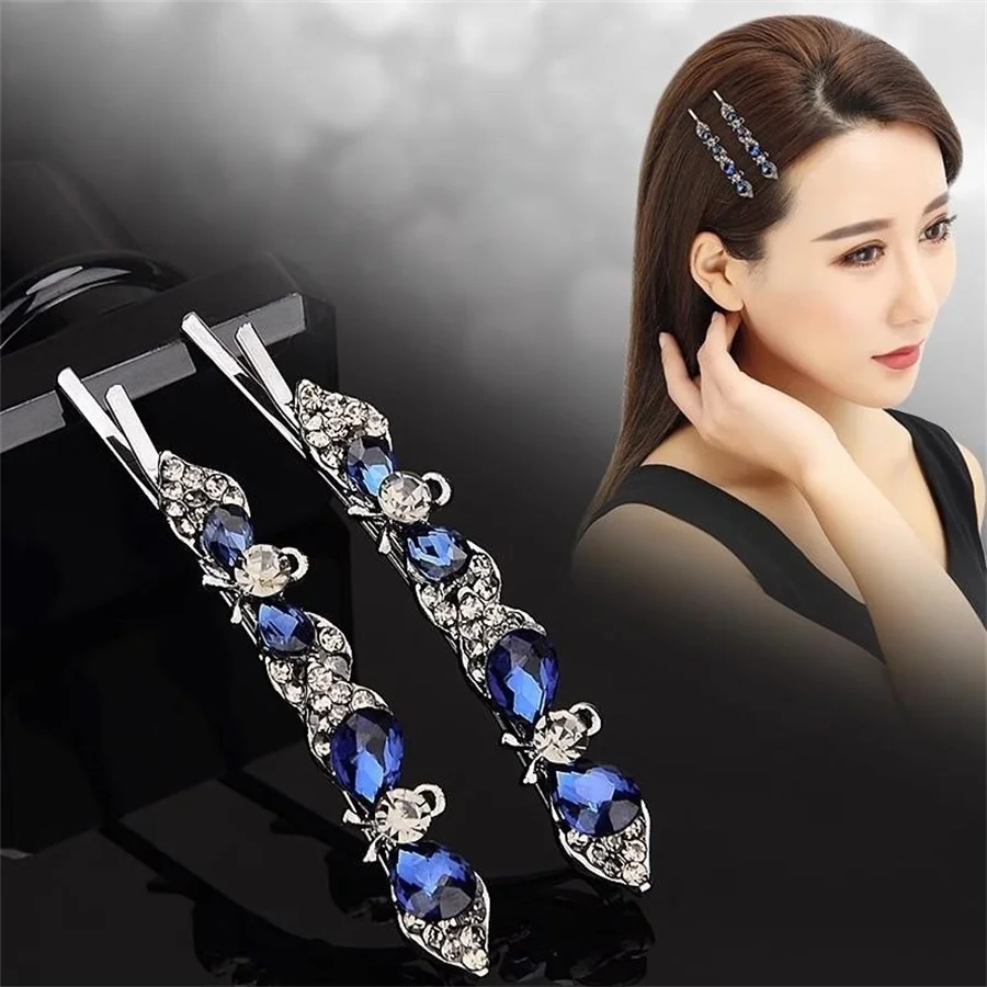 

New Shiny Rhinestone Metal Hair Clips For Women Fashion Simple Leaf blue Hairpins Girls Hair Accessories Hairgrips Jewelry