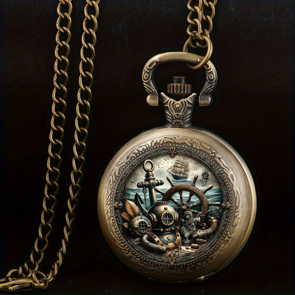 Vintage Unique Nautical Sailboat Anchor Design Quartz Pocket Watch , with Chain Necklace Pendant,Great  Gift for Kids Male Men