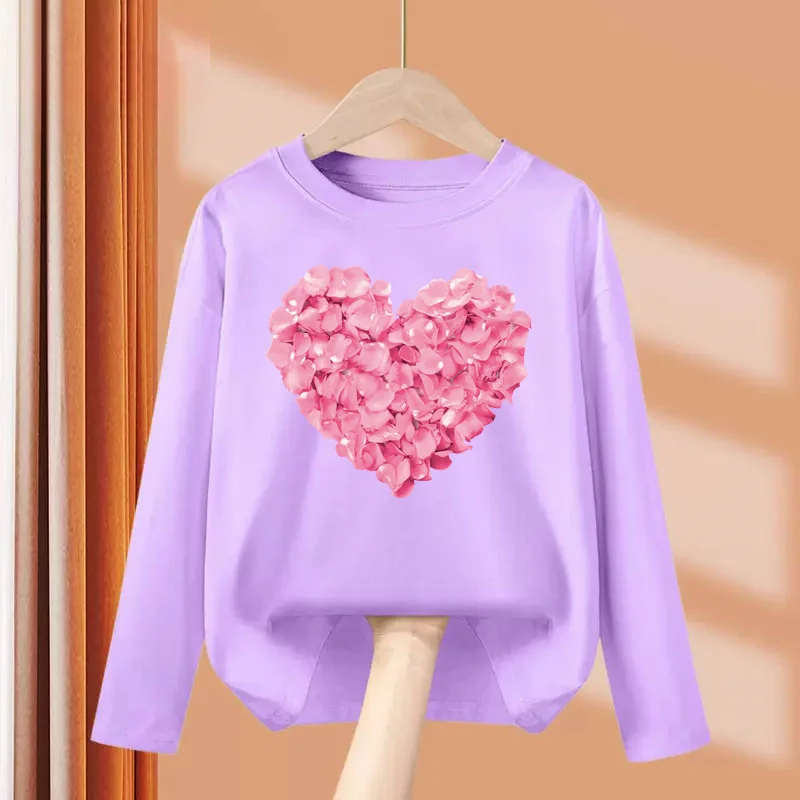 Children Long Sleeve Tops Heart Shaped Design T-shirt Girls Spring Party Dresses Kid Lovely Cotton Tees