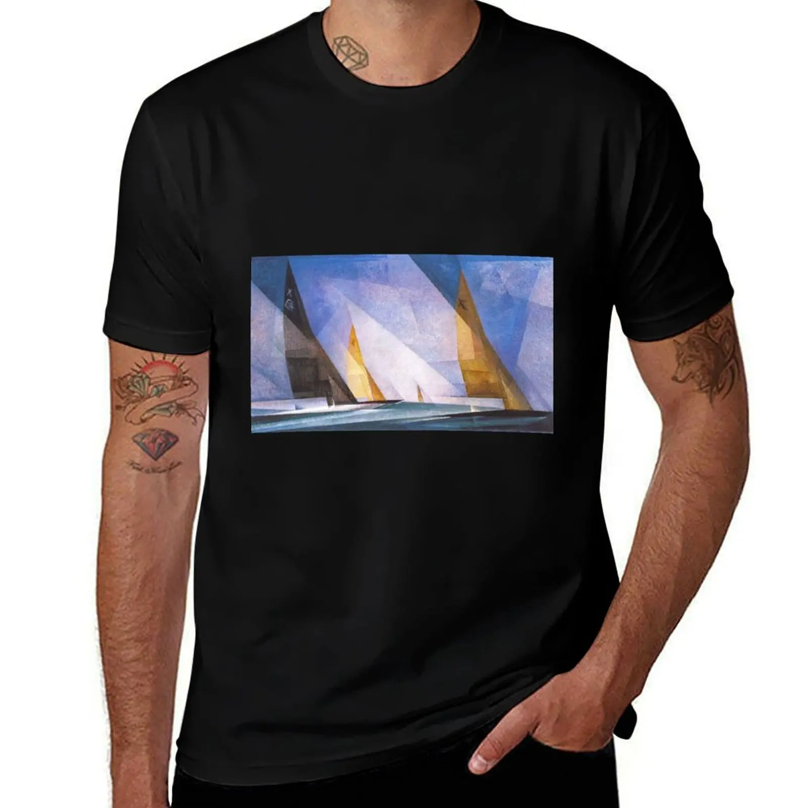 T-shirt à manches courtes basique pour hommes, avec peinture de paysage côtier, de bateaux à voile, de paysage nautique et maritime, de Lyonel Feininger