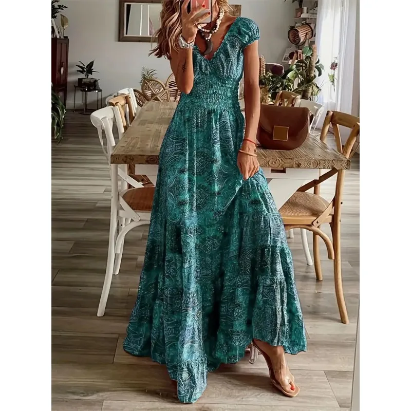 

Plus Size 1XL-5XL Fashion Women Vintage Print Maxi Dresses Casual V Neck Short Sleeve Elastic Waist Dress Female Long Dresses