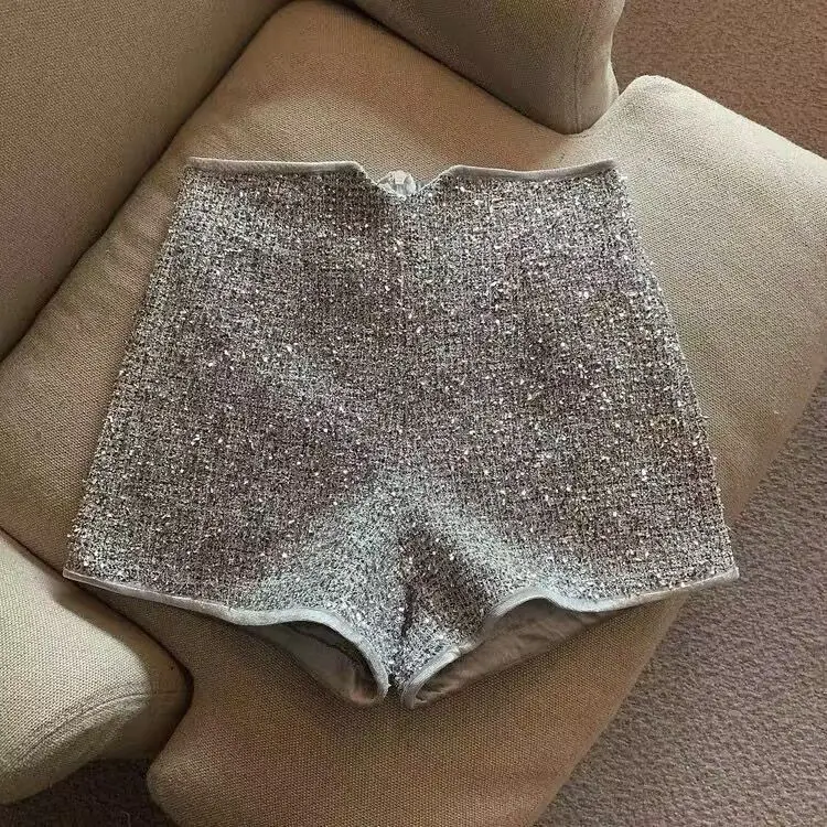 Women Shorts Sexy High Waist Silver Sequins Short Pants for Ladies Y2k Straight Wide Leg Casual Cargo Pantalones for Female 2025