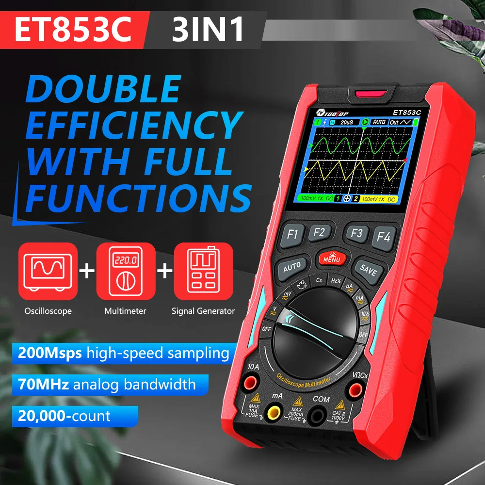 TOOLTOP ,ET853C 70Mhz 2CH Portable Digital Oscilloscope ,20000 Counts Digital Multimeter Signal Generator 3in1 Car Repair Tools