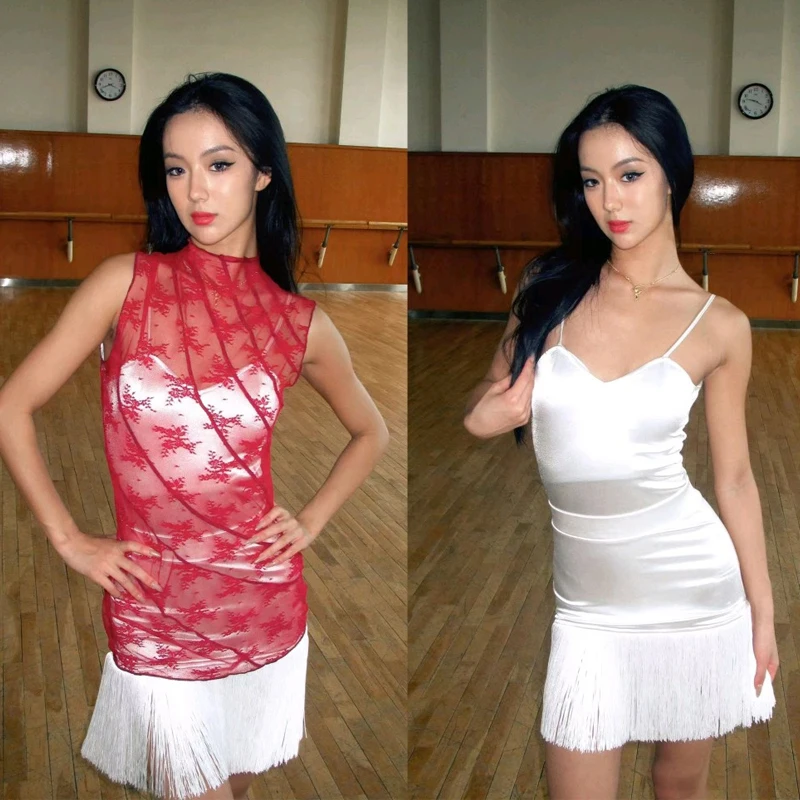 Volwassenen Latin Dance Training Suits Sexy Mesh Top Kwasten Rokken Vrouwen Chacha Rumb Latin Dans Kostuums Stadium Kleding SL13322