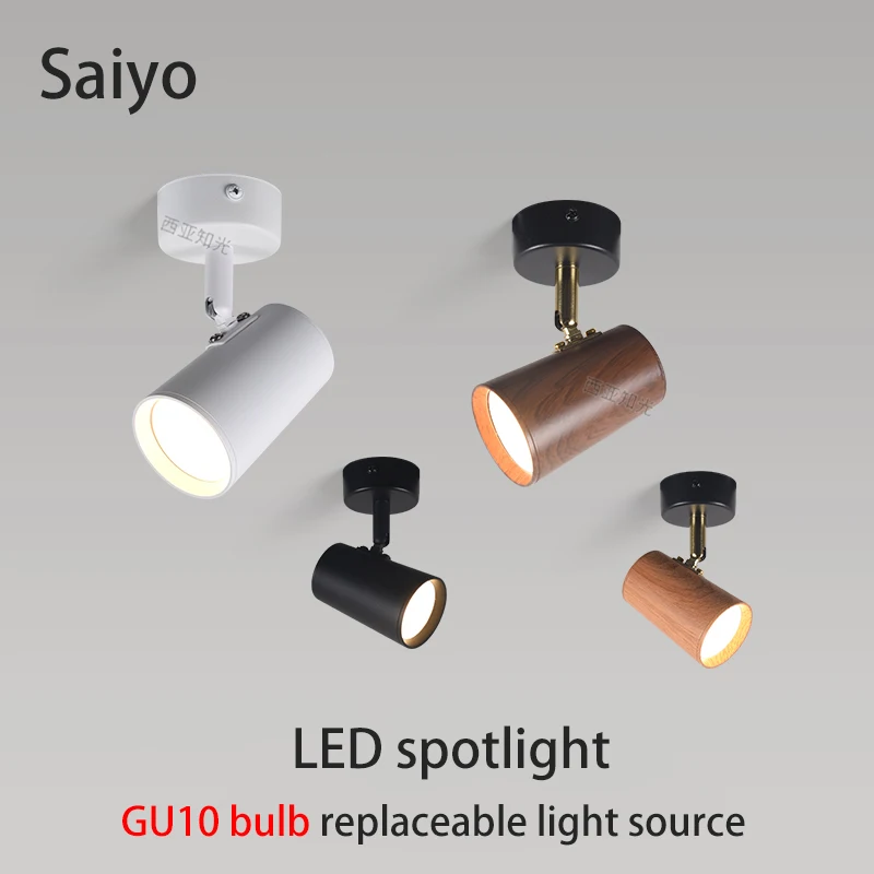 Led Spotlight Surface Mounted Spot Light GU10 Bulb Replaceable Adjustable Angle Ceiling Lamp Walnut Wood Color Retro Lighting
