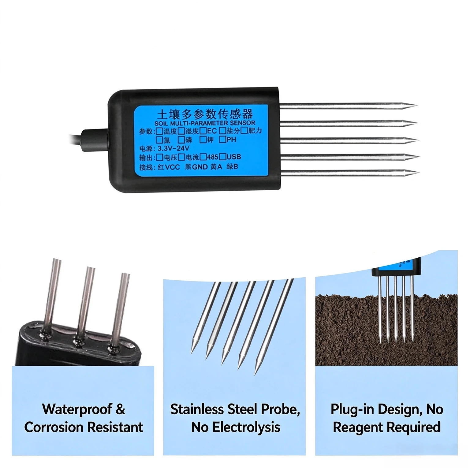 RS485 Soil Moisture Sensor Probe, High Precision Soil Water Content Transmitter Detector for Agricultural Farm Greenhouse