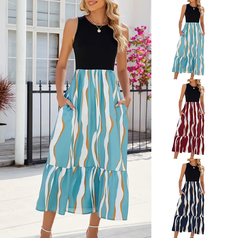 2024 Spring and Summer Round Neck Sleeveless Printed Tie-dye Casual Dress Women Have Pockets Casual Splicing Generous Dresses