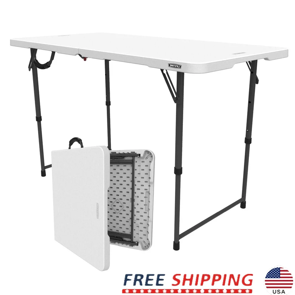 

4 Foot Adjustable Height Folding Table Indoor Outdoor Lightweight Portable Sturdy Steel Frame UV Protected Easy Carry Handle