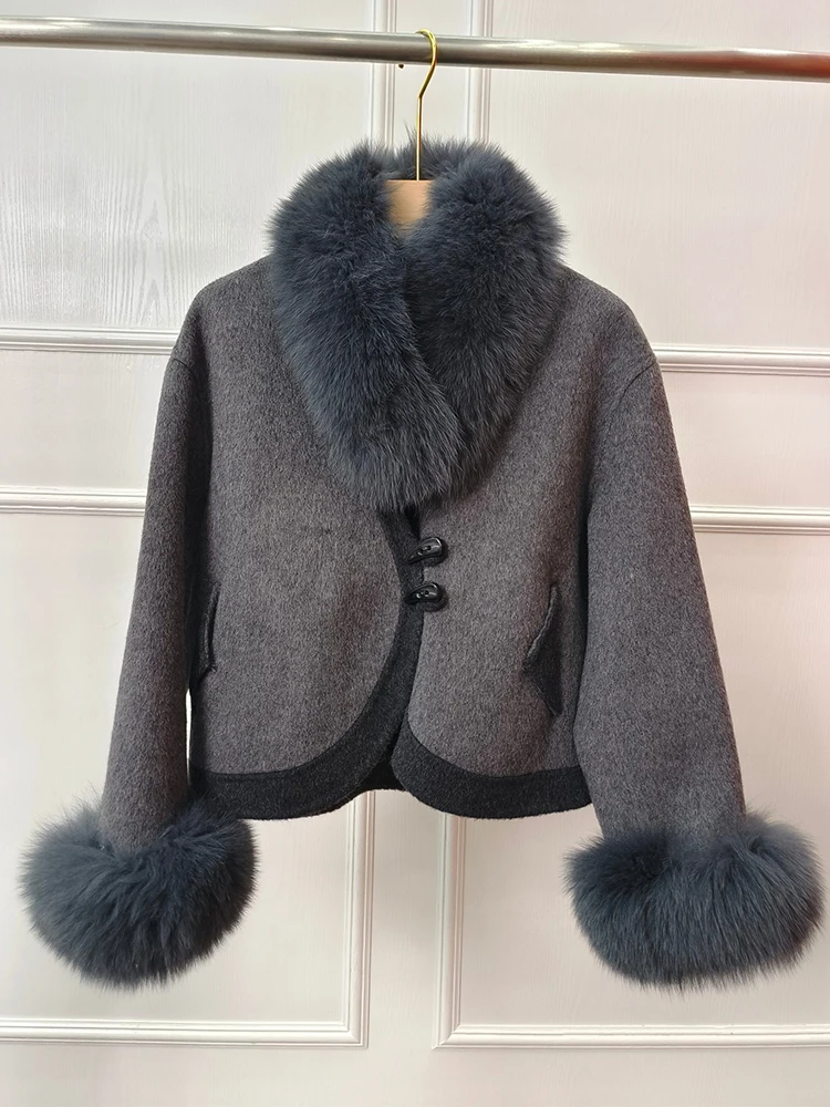 Korea Style Slim Women Lady Autumn Woolen Real Fox Fur Collar and Cuff Short Jacket Coat