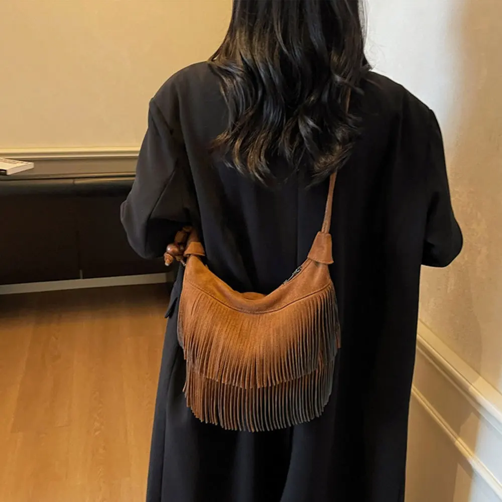 

Классическая замшевая сумка в стиле ретро с кисточками, женская большая сумка из искусственной замши, винтажная модная повседневная однотонная сумка с кисточками