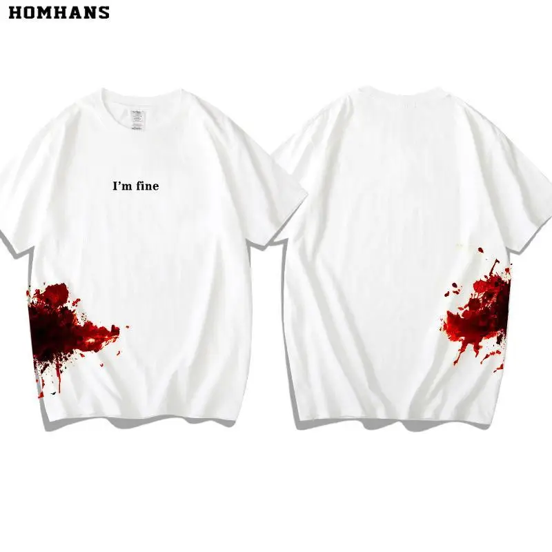 Funny Bleeding Injury Print Men O Neck Short Sleeve T Shirts Halloween Party I'm Fine Bloody Spoof Horror Loose Clothing White