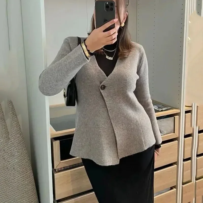 

Womens Grey White V Neck Cardigan Spring Fashion Long Sleeve Slim Knit Top Casual Single Breasted Sweater