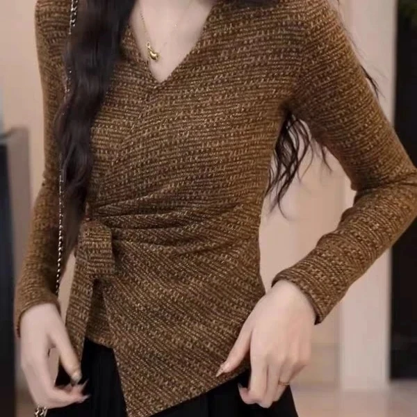 

Faionable V-образный вырез с поясом, основание irt, женский утягивающий универсальный топ, корейский длинный свек, полиэфирное волокно