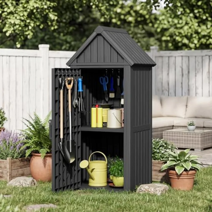 Outdoor resin storage cabinet for garden patio lawn use: sturdy all-weather shed in gray, featuring removable shelves, lock rin