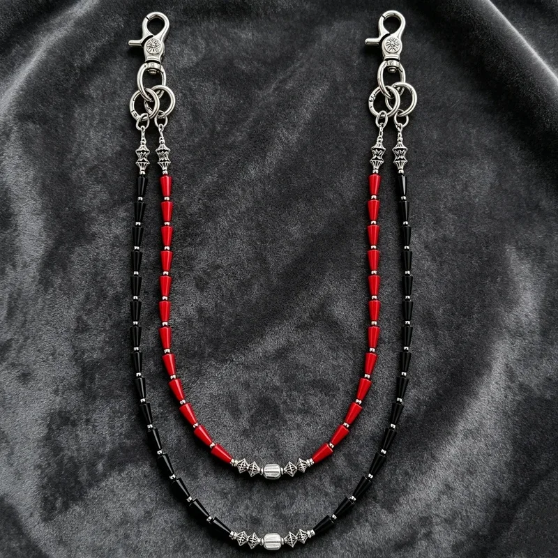 Men style Black and red double-chain American-style pants chain texture outfit waist accessory, niche hip-hop street
