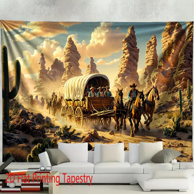 Vintage Western Wild West Cowboy Horse Wagon Tapestry Print for Home Decor Wall Art 180x280cm