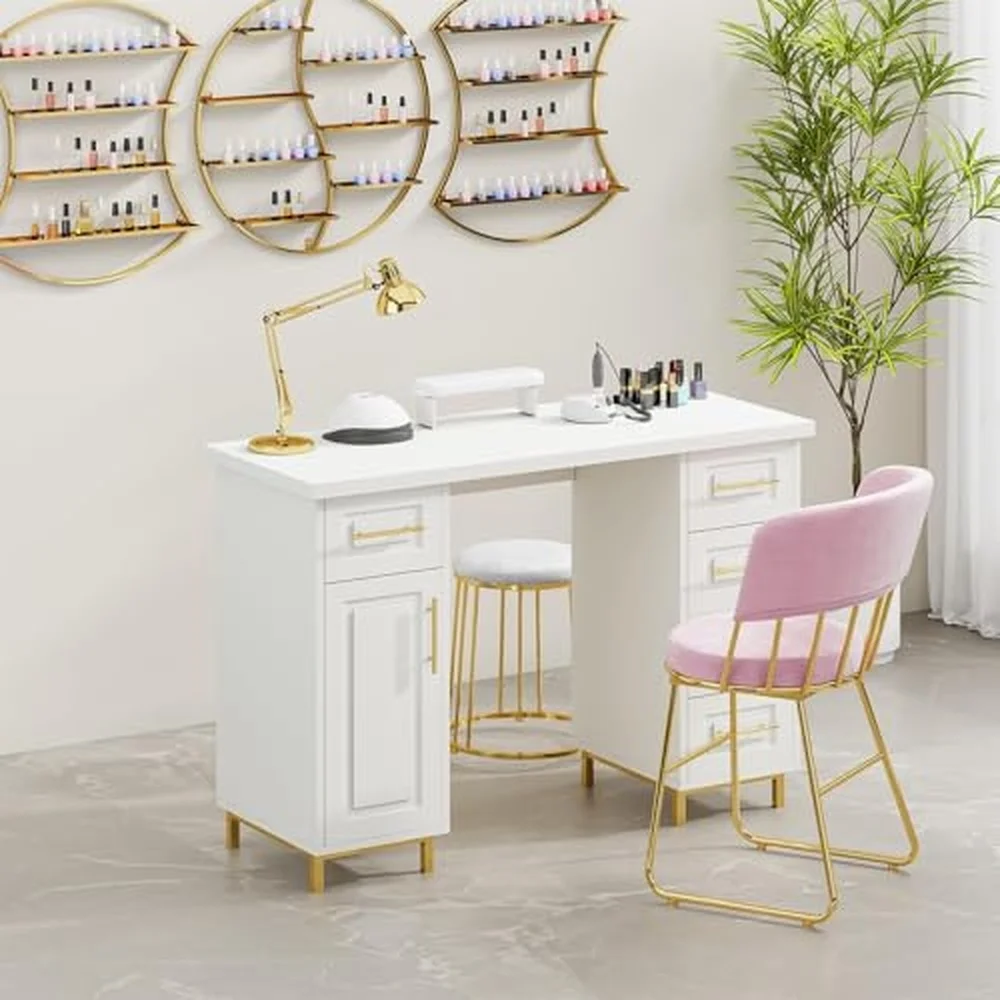 Nail Tech Desk for Nail Tech 43 Inch Wooden Manicure Table with Storage Nail Table with 5 Drawers and Cabinet Manicure