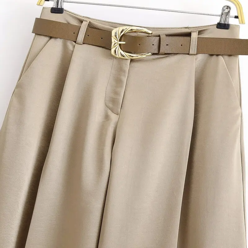 Primavera 2025 Pantaloni casual a gamba larga in raso di seta da donna con cintura a L Pantaloni lunghi in vita Collezione estiva Sle versatile