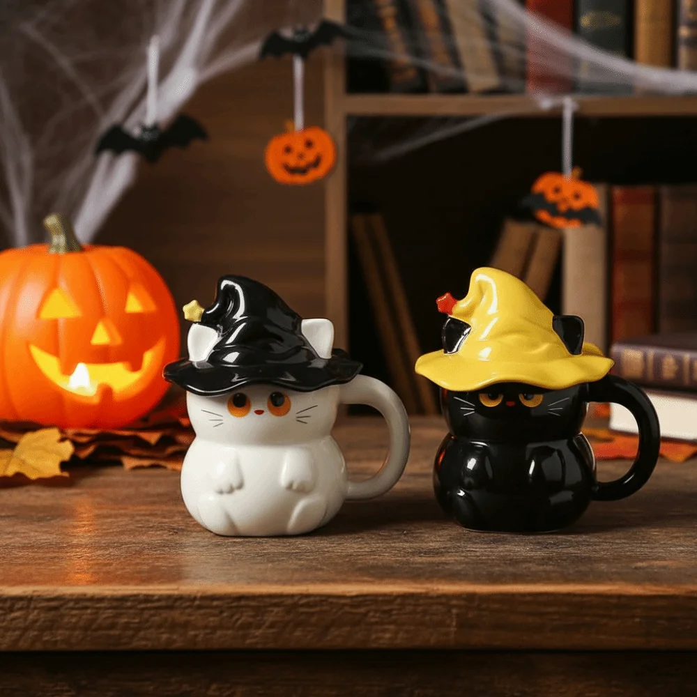 Unisex Creative Ceramic Ghost Cat Mug 450ml with Lid Magic Kitty Coffee Cup Cute Drinking Cup Breakfast Mug