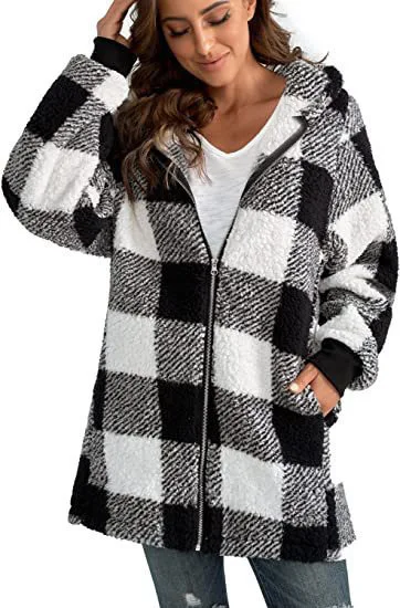 Fall and Winter Jacket Female 2023 Fashion New Long-sleeved Plaid Hooded Zipper with Pockets Loose Casual Coat