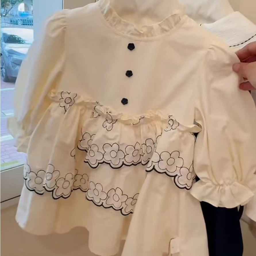 Girls Dress 2026 Spring and Autumn New Childrens Clothing Korean Girl Baby Temperament Design Feeling Lace Bubble Sleeve Dress