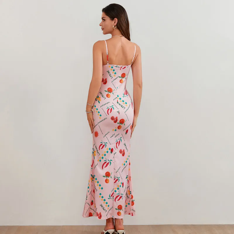 Donne Boho Fruit Print Slip abito senza maniche con scollo a v Backless Vintage Slim Dress sexy girls tight clothes