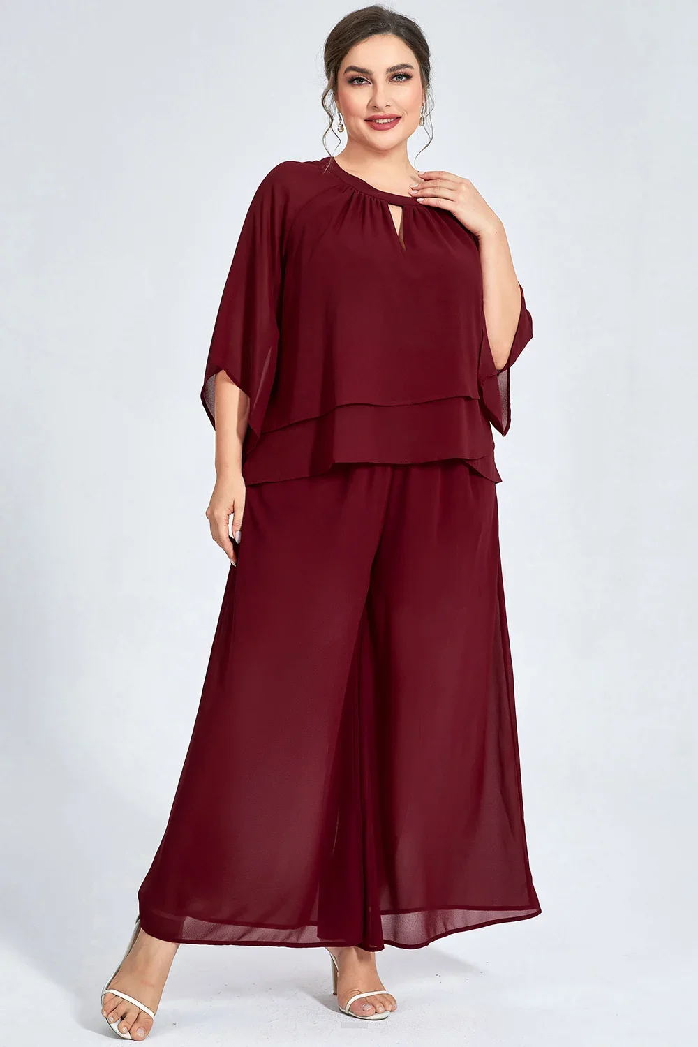 Damski dwuczęściowy garnitur Plus Size Formal Burgundy Chiffon Ruffle Sleeve Cut Out Wide Leg Two Piece Pant Suit Casual Office Lady Matching Sets