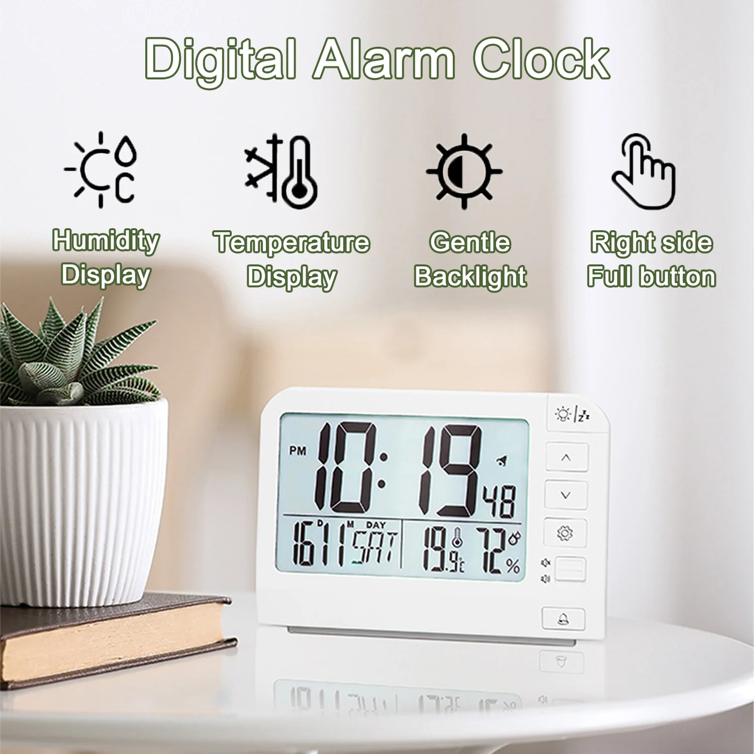 Digitaler Wecker, großer Bildschirm, Tischuhr mit LCD, Temperatur, Luftfeuchtigkeit, Datum, Woche, Nachtlicht, Uhr, Schlafzimmer, Heimdekoration