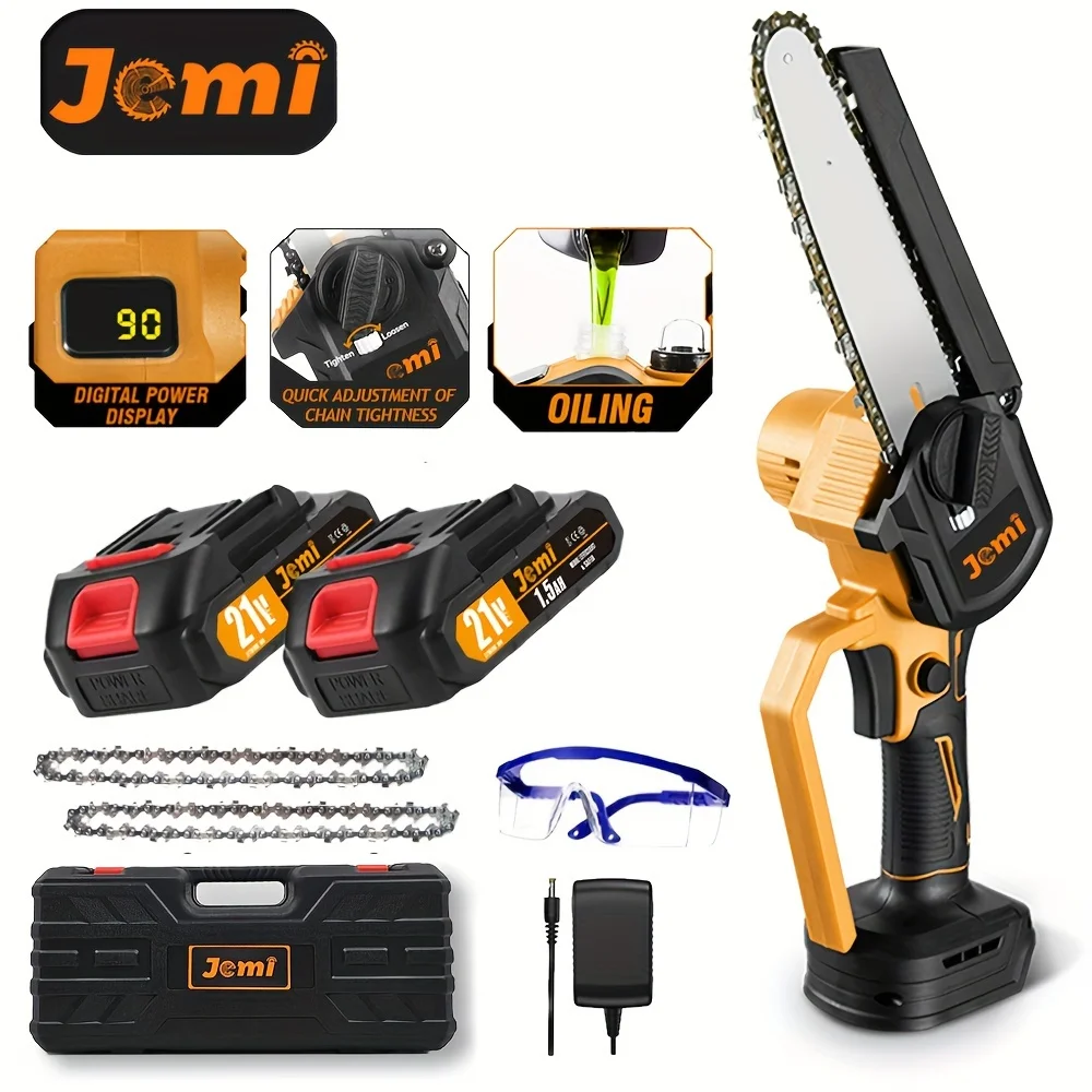 Jemi Tool 6-inch mini chainsaw with battery and charger, automatic chain lubrication, and automatic adjustment of chain tension