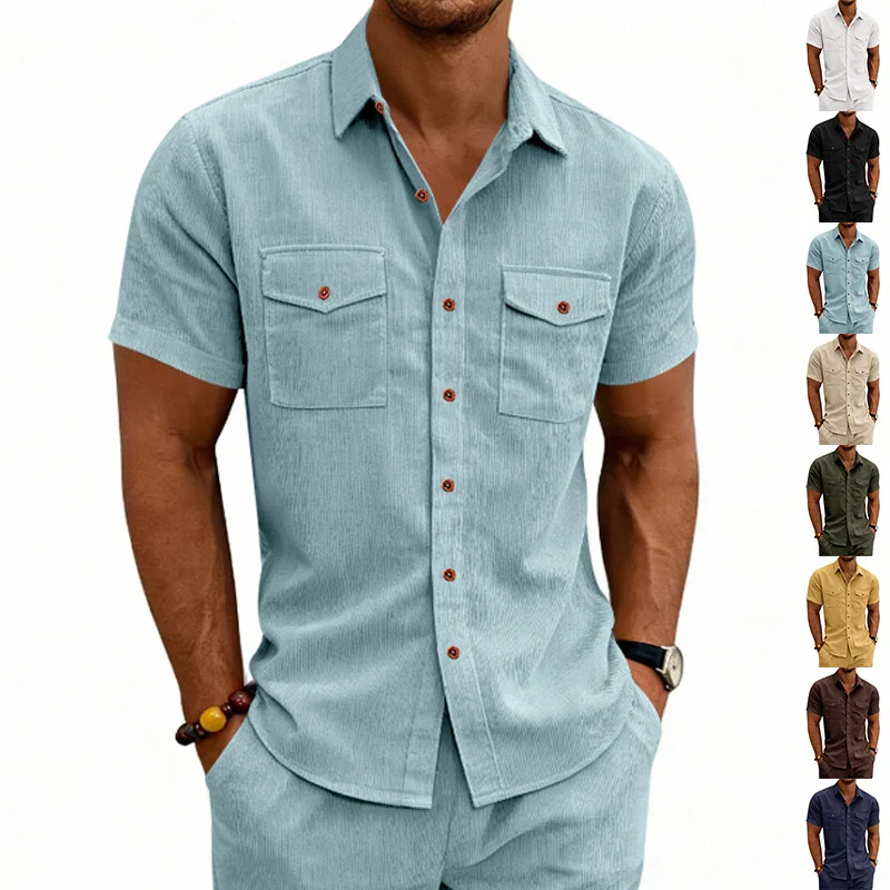 

Summer Men's Casual Outdoor Loose Heavyweight Corduroy Workwear Short Sleeve Turn-down Collar Shirt Standard Fit Citywalk Pol...