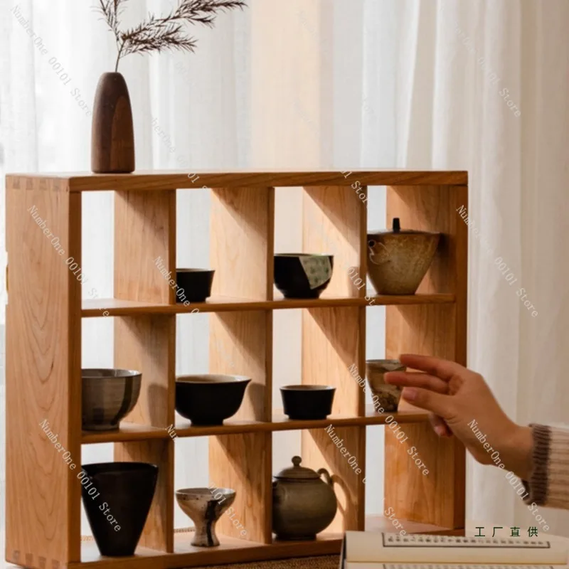 Solid Cherry Wood Grid Shelf Real Wood Display Rack Tea Cup Coffee Storage Organizer Tea Room Wall Mounted Double Layer Holder