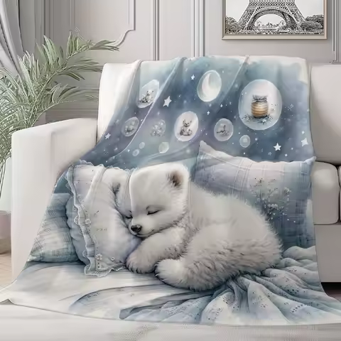 Sleeping Polar Bear Flannel Blanket, Arctic Themed Soft Throw, All Season Cozy for Home Travel, Animal Lover's Gift Idea