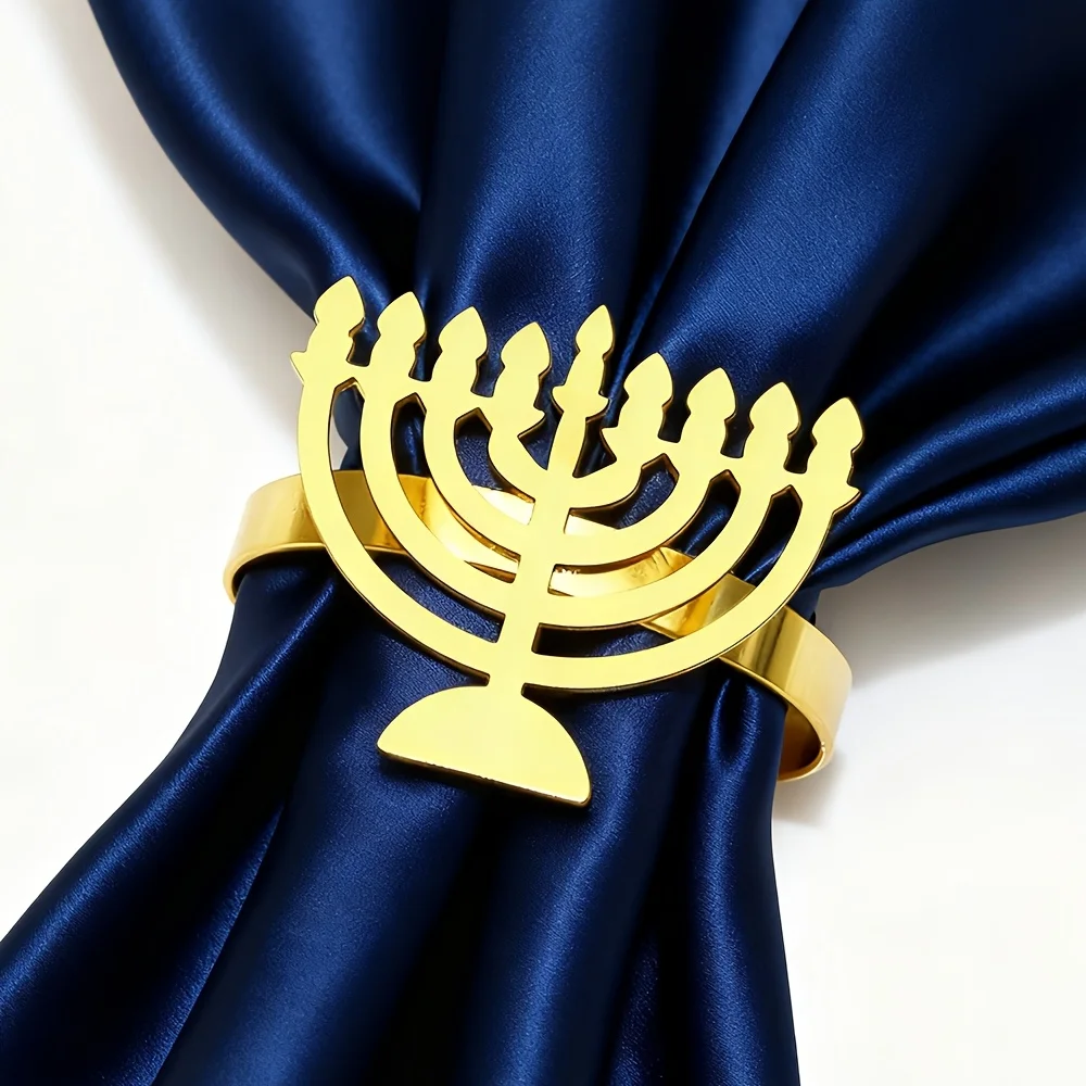 6Pcs Hanukkah Menorah Napkin Rings Gold Silver Rhinestone Star Cloth Holder Buckles Set Chanukah Jewish Party Table Decoration view 2