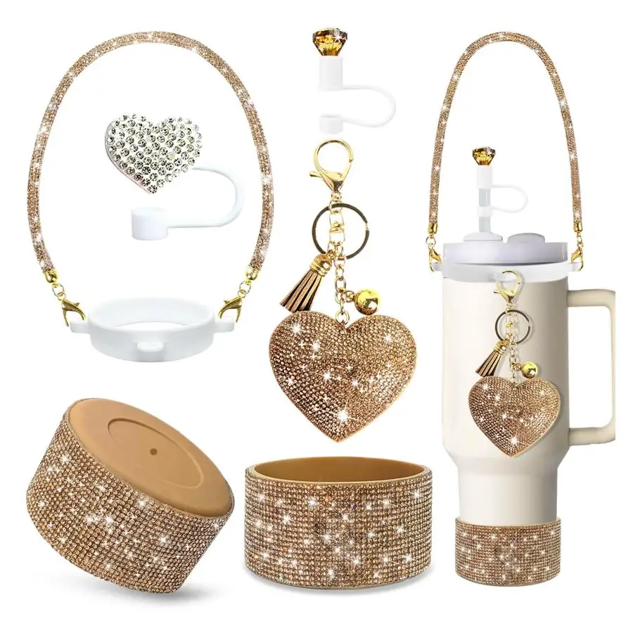 Glitter Tumbler Accessory Set - Diamond Handle Strap 2 Straw Covers Glitter Charms for 20/30/40 Oz Tumblers