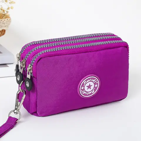 Bolso grueso de tres capas con bolsillo largo con cremallera, bolso de mano para mujer, bolso para teléfono móvil, bonito paño lavable