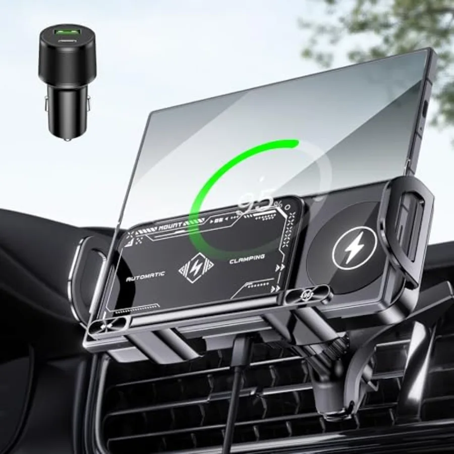 Wireless Car Charger Mount Auto-Clamping 15W Dual Coil One-Touch 90° Rotatable Car Phone Holder Wireless Charger for Samsung Ga