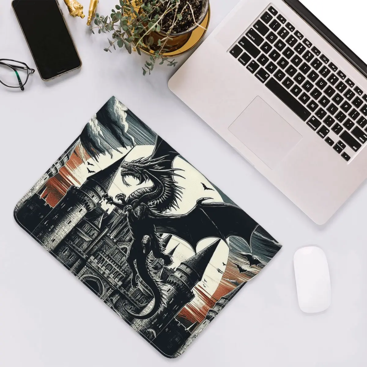 Fantasy Mythical Dragon And Castle PU Leather Horizontal Laptop Sleeve Shockproof Soft Lining Notebook Case 13 Inch
