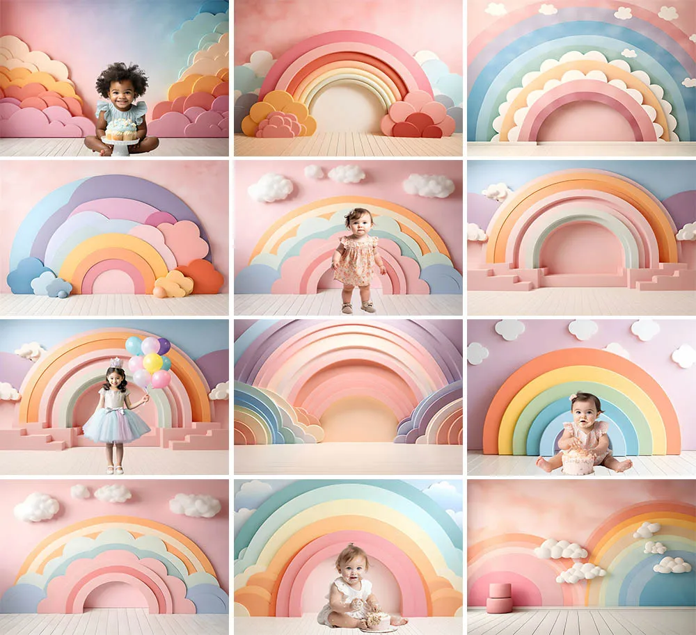 

Mehofond Photography Backdrop Gradient Rainbow Clouds Kids Birthday Party Colorful Balloon Background Cake Smash Decor Photocall