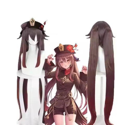 GenshinImpact HuTao Cosplay Wig Hu Tao 110cm Long Brown Heat Resistant Synthetic Wig Double Ponytail Anime Cosplay Wig + Wig Cap