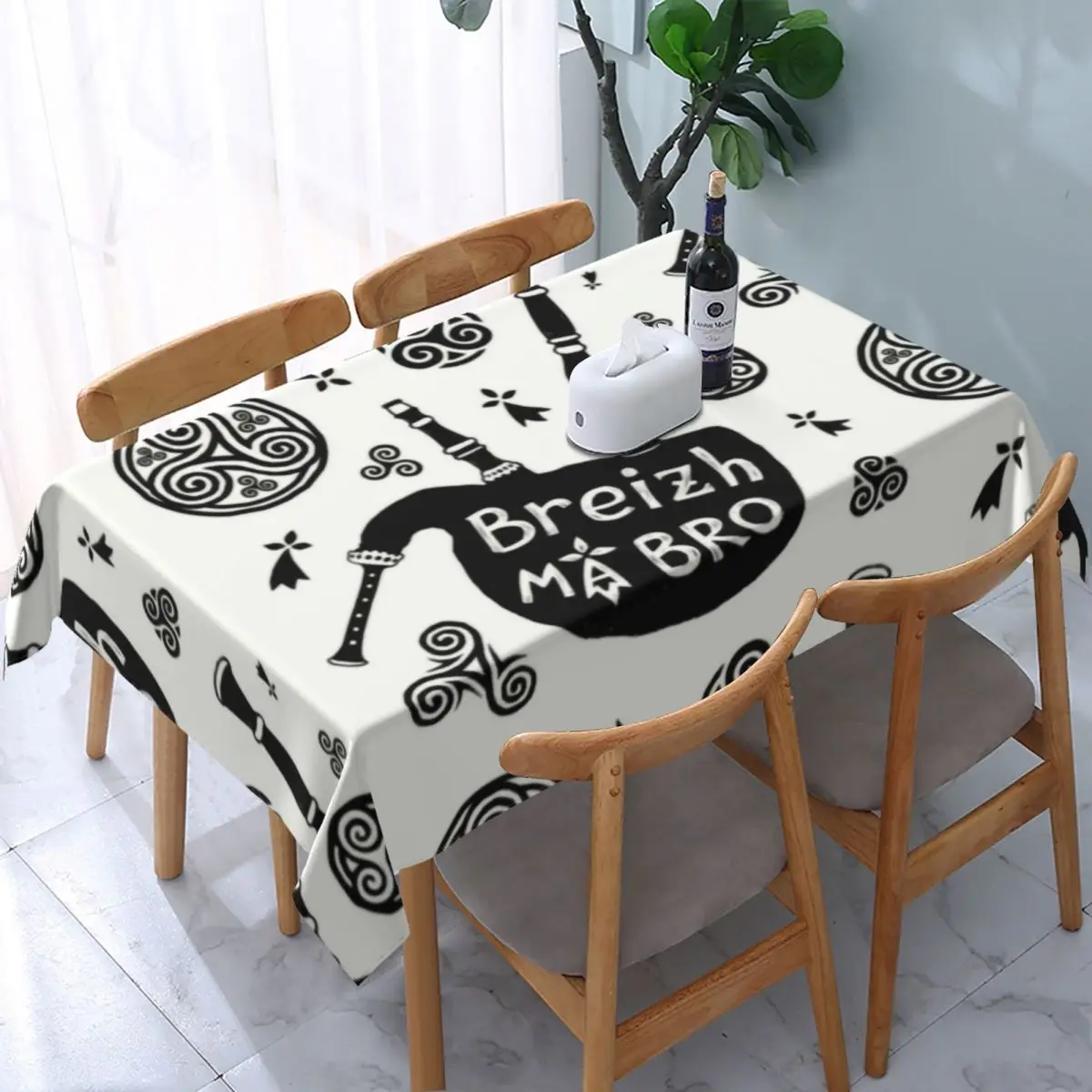 Rectangular Breizh Ma Bro Table Cover Fitted Brittany Breton Ermine Triskeles Table Cloth Backed Edge Tablecloth for Dining