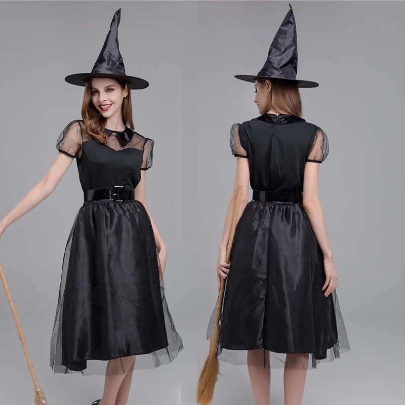 زي ساحرة أسود مثير شبكي مفرغ لحفلات الهالوين وعروض الأداء التنكري للنساء وعروض المسرح والزي التقليدي العرقي