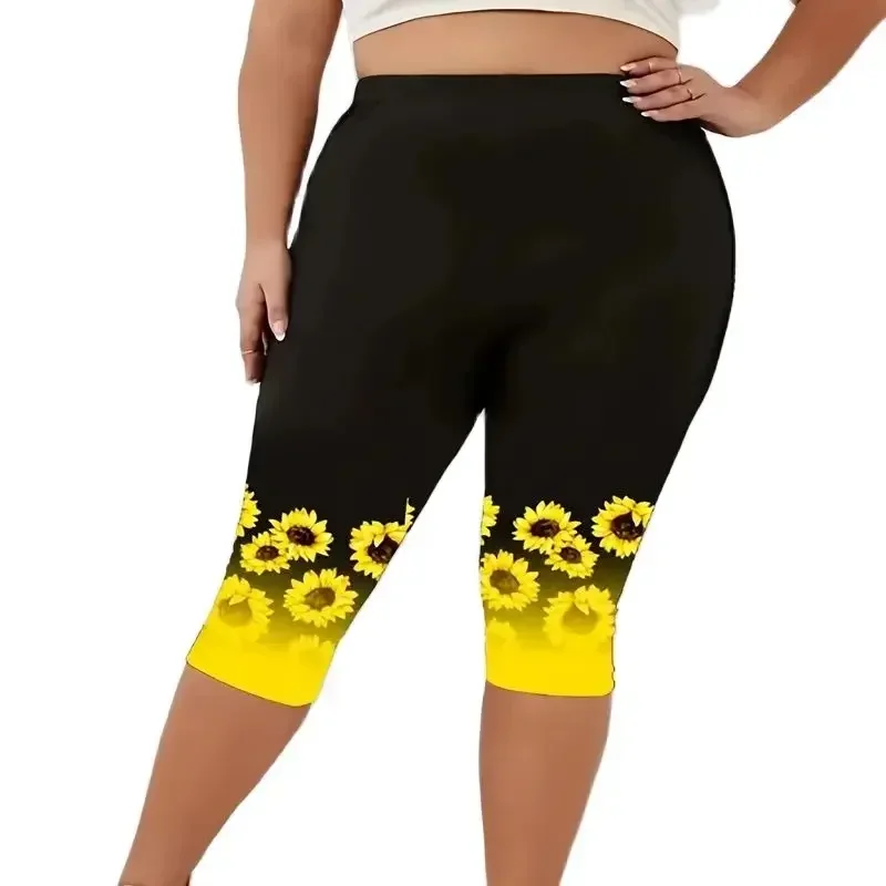 Women\'s Plus Size 1XL-5XL Summer Fashion Sunflower Print Leggings Fitness Sports Seven Point Leggings Casual  Yoga Leggings