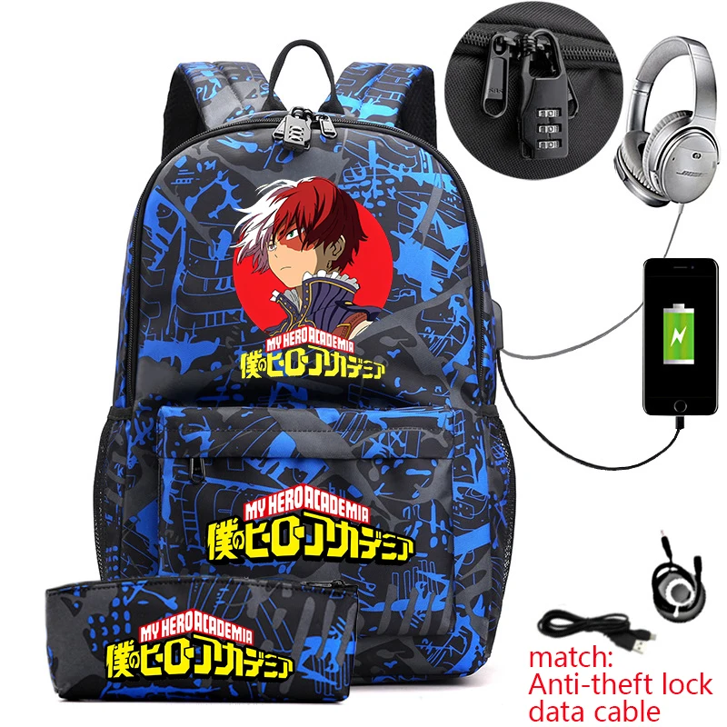 My Hero Academia Anime Backpack Youth Travel Bag Campus Student USB Lock School Bag Pencil Bag Two-piece Set