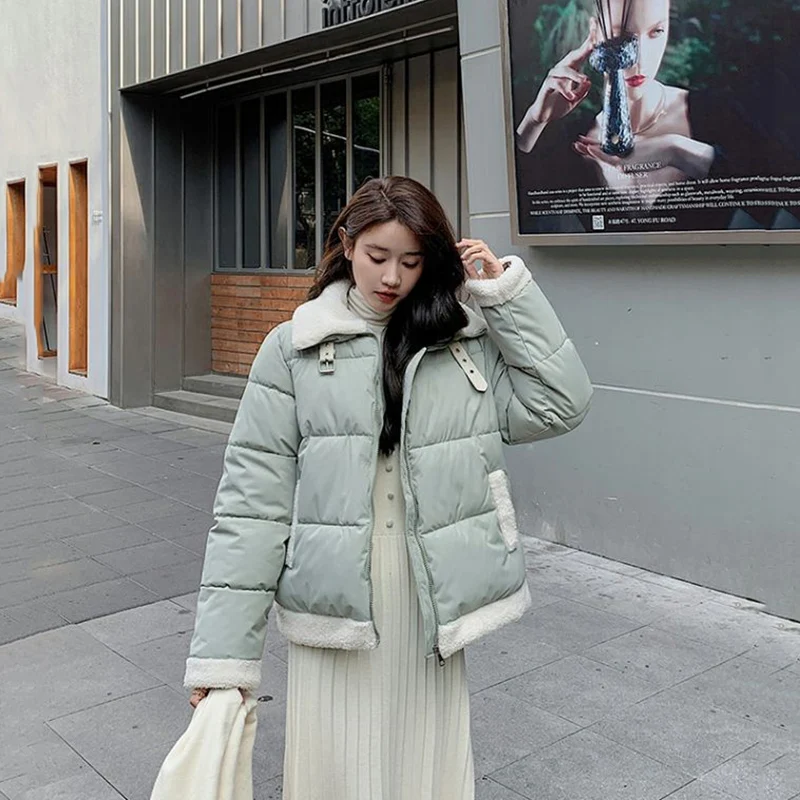 2023 Winter New Lambs Wool Down Parkas Cotton Padded Jacket Patchwork Coat Women\'s Korean Loose Puffer Jacket Thick Overcoat