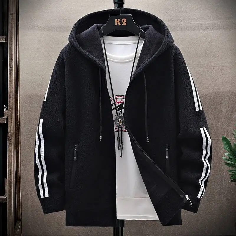 Mens Fashion Sweater Cardigan Fleece Lined Hood Sweaters Jacket Retro Sweaters Coat Zipper Up Knit Cardigans