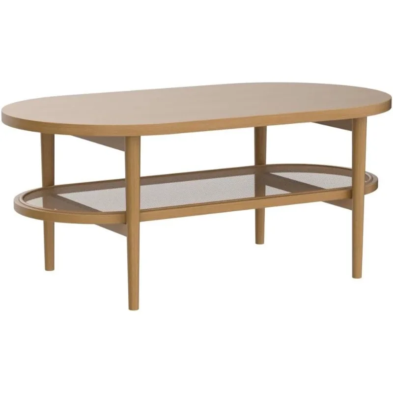 Coffee Table with Storage Shelf, Light Wood/Rattan  Spacious Table Top Plus A Sturdy Bottom Tier for Extra Storage.