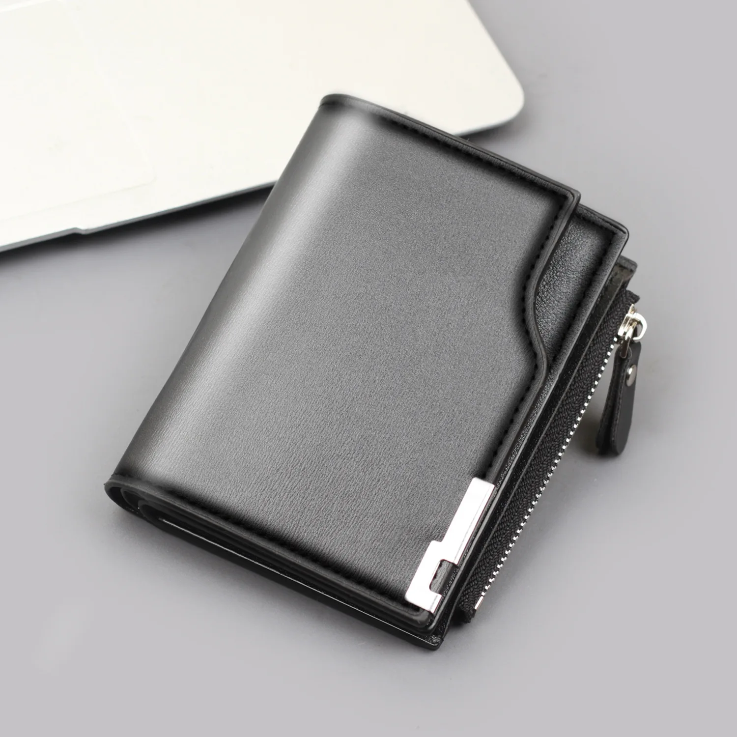 Mens Vertical Wallet Zipper Closure Short Bifold Leather Card Holder RFID Large Capacity Slim Travel Money Organizer