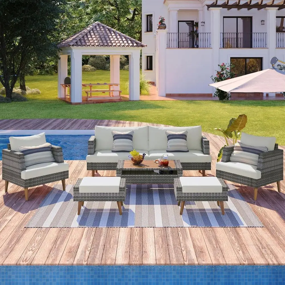 

6-Piece Weather-Resistant PE Wicker Outdoor Dining Set with Cushions, Suitable for Balcony, Backyard, Pool, Porch - Beige & Gray
