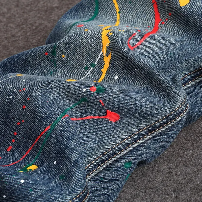 High Street Fashion Men Jeans Retro Washed Blue Stretch Slim Fit Ripped Jeans Men Painted Designer Hip Hop Denim Pencil Pants