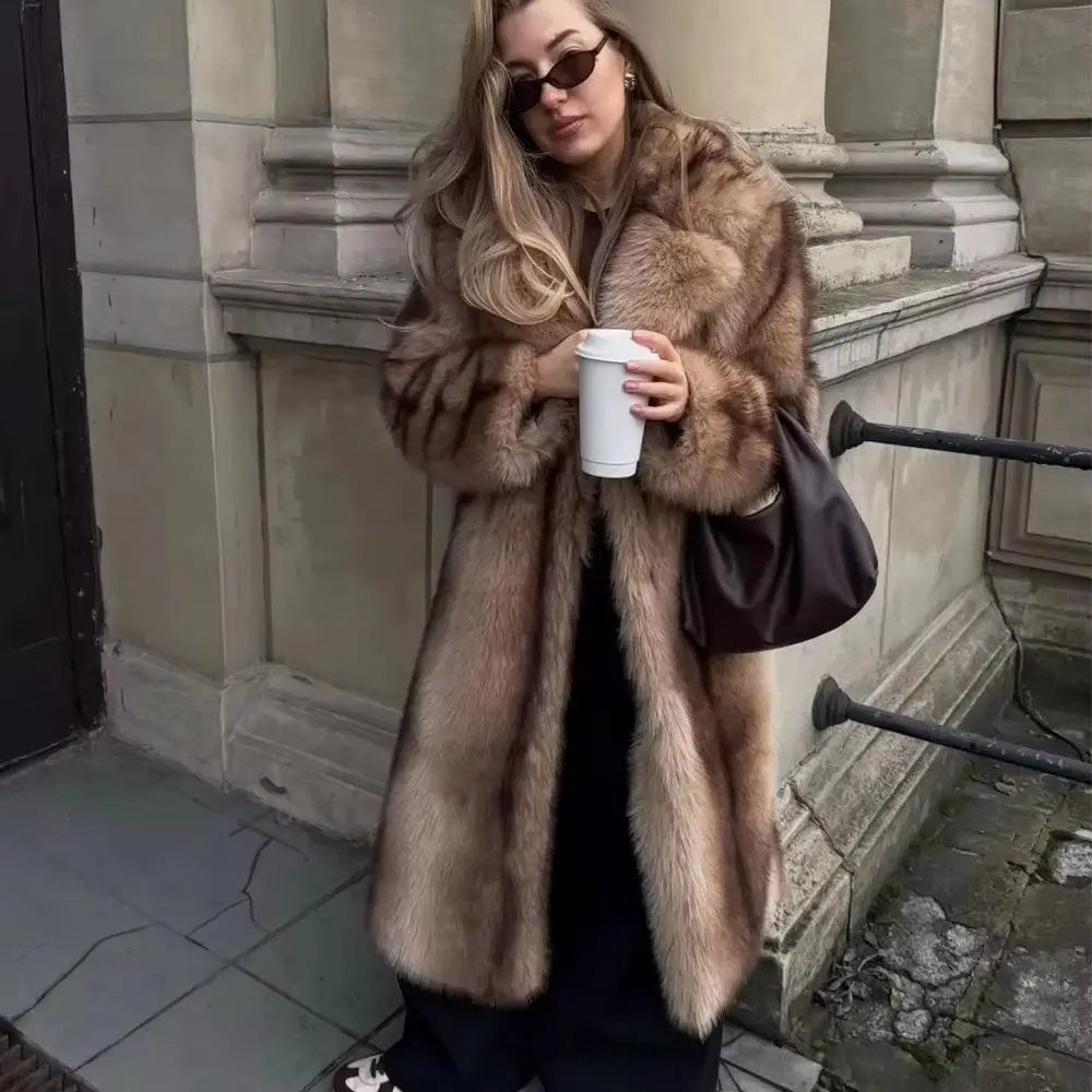 Vintage Long Faux Fox Fur Coat Woman Fashion Lapel Fluffy Overcoat female Luxury Loose Casual Outerwear  2026 Winter Fur Coat